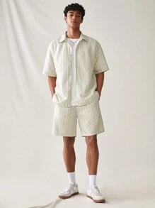 Manfinity RebelGame Men's Woven Casual Plain Short Sleeve Striped Shirt And Shorts Set, Friends, Urban