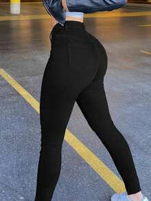 Jeans slim de couleur unie avec poches, style décontracté pour femmes - Noir - Voir 2