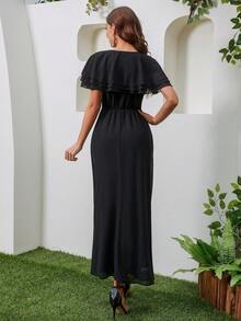 Short Sleeve V-Neck Chiffon Bridesmaid Dress With Slim Waist In Solid Color