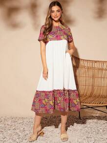 SHEIN VCAY Geo Print Ruffle Hem Smock Dress With Sleeves