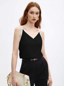 SHEIN BIZwear Women's Simple V-Neck Camisole Top - Black and White - View 2