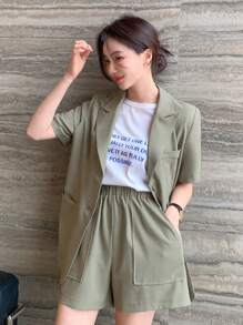DAZY Business Casual Blazer Collar Short Sleeve Top And High Waist Wide Leg Shorts 2 Pieces Set For Women