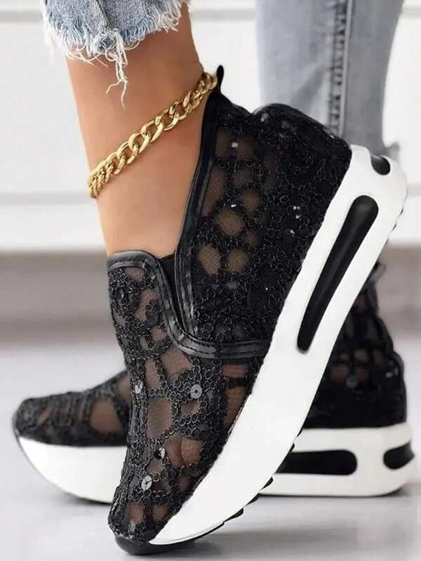 Chaussures De Sport À Talon Compensé À Semelle Épaisse Pour Femme, Fleur En Dentelle Noire, Sequin Décontracté