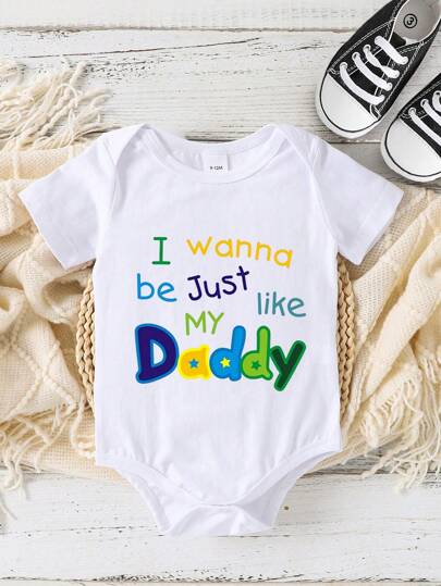 Baby Boy Slogan Printed Short Sleeve Bodysuit For Summer