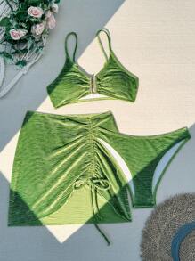 DAZY Solid Color Ruched Drawstring Bikini Set For Women,Green Summer Casual Beach Vacation Holiday Swimwear,Bathing Suit Music Festival Outfit,Tankini Set - Green - View 6