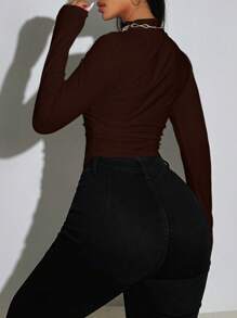 Zolique Solid Color Stand Collar Asymmetrical Hem Long Sleeve T-Shirt
