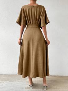 RosyDaze V-Neck Pleated Batwing Sleeve Dress Maxi Women Outfit - Apricot - View 2