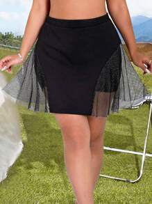 Flirla Plus Size Elastic Waist Mesh Skorts With Patchwork Design