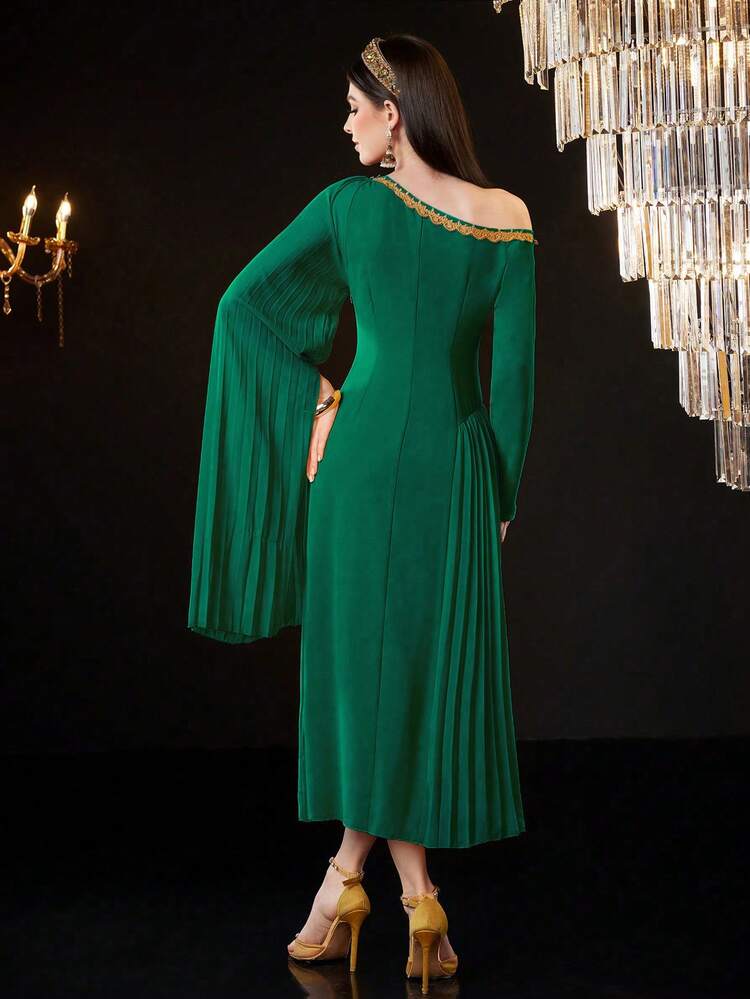 Women's Loose Asymmetrical Neckline Pleated Dress With Split Sleeves Long Evening Dresses Fall Cloth For Women
