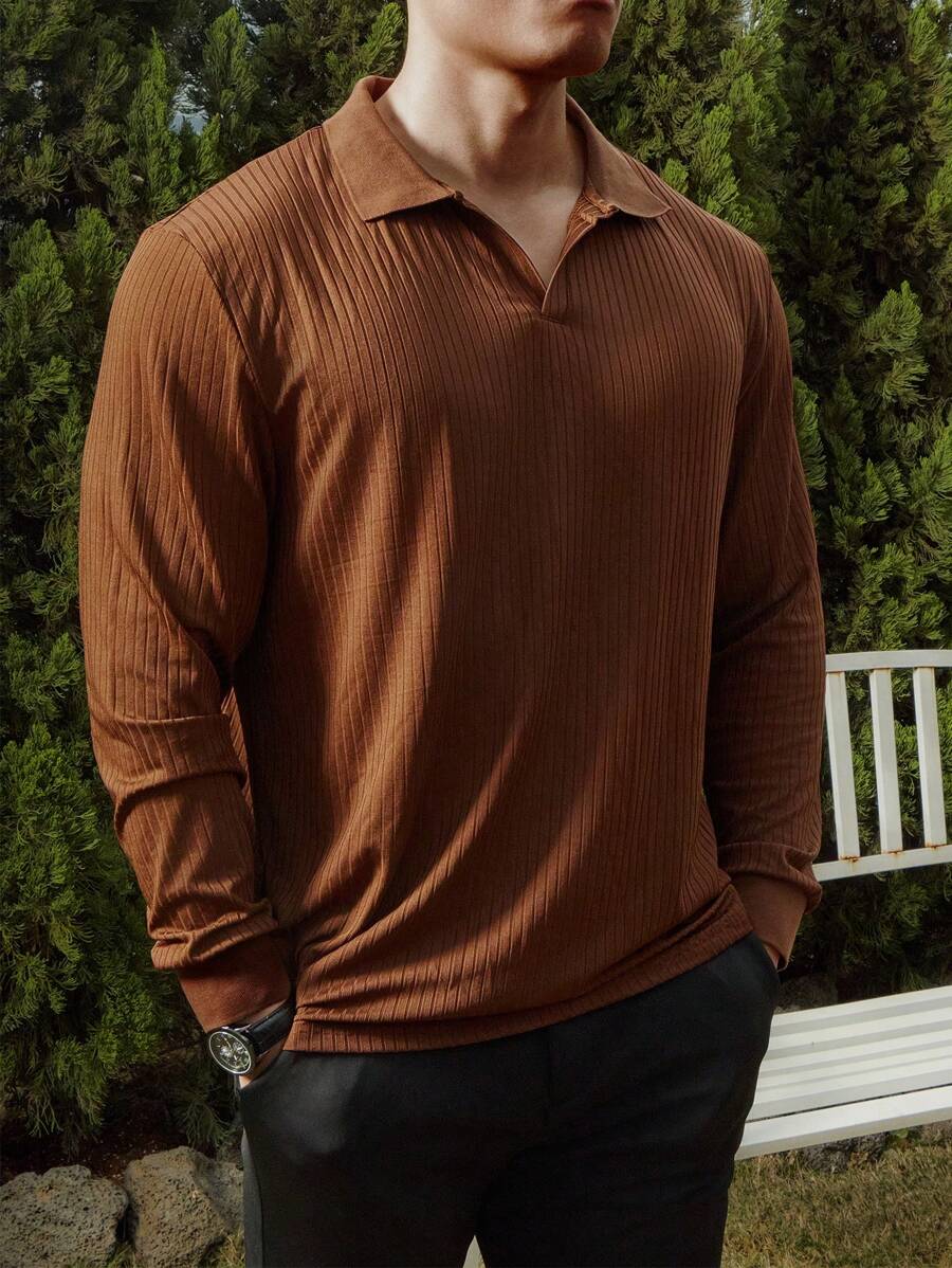 Manfinity Homme 男士加大號純色起花紋長袖polo衫 - 咖啡棕 - 查看 1