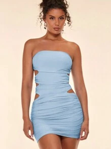 SHEIN BAE Women's Solid Color Hollow Out Pleated Bandeau Dress - Baby Blue - View 4
