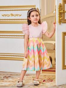 SHEIN Young Girl Cute Mesh Ruffle Sleeve Shirt And Zigzag Pattern Printed Skirt Set - Pink - View 4