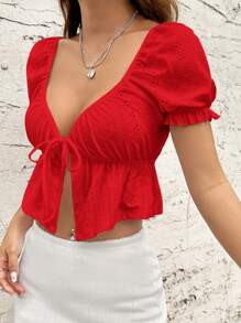 SHEIN Qutie Women's Solid Color Hollow Out Embroidered Lace Up Crop Tee