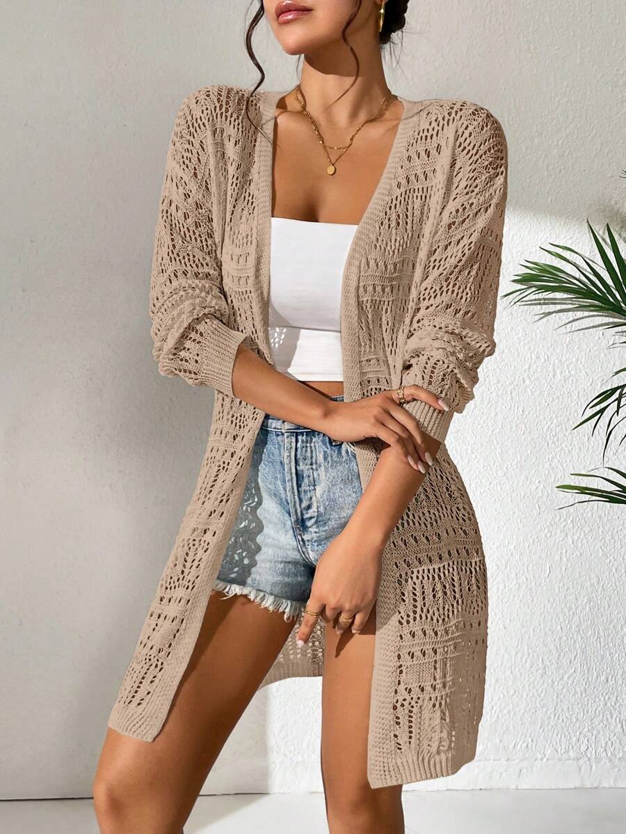 SHEIN Swim 女士中空純色休閒時尚羽織風外套 - 卡其色 - 查看 1