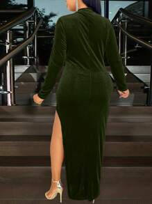 Allurite Plus Size Women's Stand Collar Pleated Long Sleeve Side Slit Dress - Green - View 2