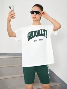 SHEIN Teen Girl Letter Print Drop Shoulder Short Sleeve T-Shirt And Shorts Sports Casual Two Pieces Set - Dark Green - View 6