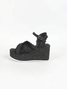 現代女性跨帶厚底平台涼鞋,夏季羅馬鞋款 - 黑色 - 查看 4