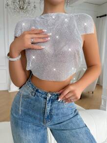 Zolique Top Corto Para Mujeres Con Decoración De Pedrería Y Gran Recorte Trasero - Plateado - Ver 3