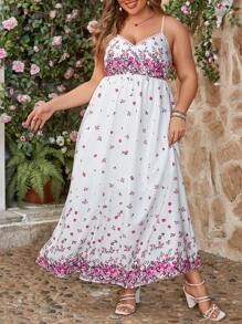 SHEIN VCAY Vestido De Talla Grande Con Estampado Floral Y Estilo De Vacaciones Con Tirantes Al Cuello