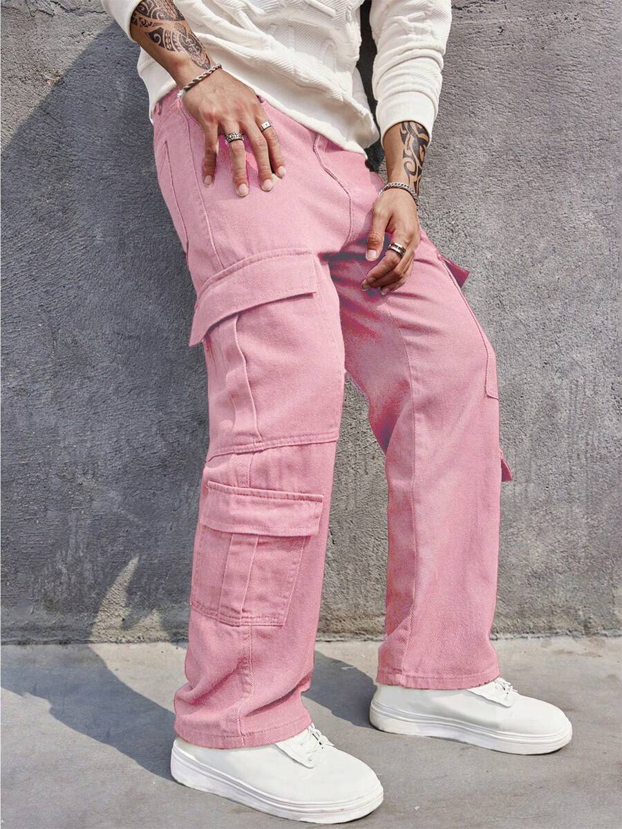 Manfinity EMRG Men Solid Flap Pocket Side Cargo Jeans - Pink - View 1