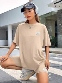 SHEIN EZwear Letter Print Drop-Shoulder T-Shirt And Cycling Shorts Knit Set - Khaki - View 6