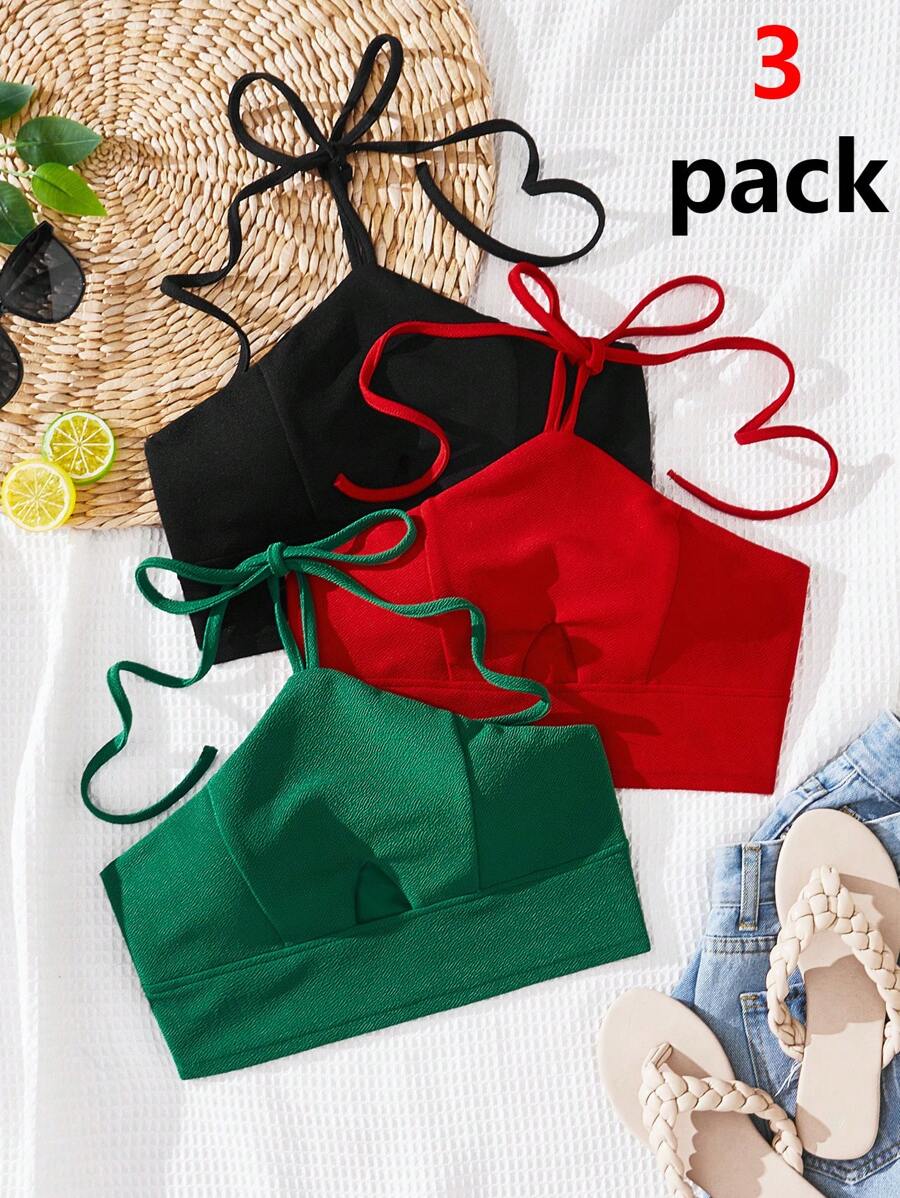 SHEIN VCAY 3pcs/Set Solid Color Halterneck Padded Tank Top For Women