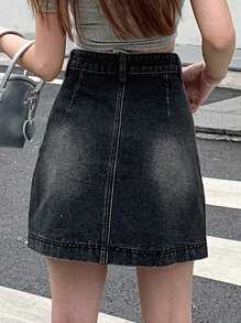 Dazy Designer 洗水牛仔直筒裙,帶斜口袋,休閒時尚 - 黑色 - 查看 5