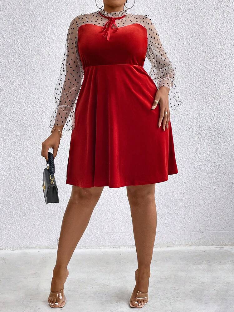 Plus Size Ladies' Mesh Polka Dot Patchwork Long Sleeve Dress Fall Cloth For Women