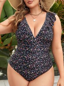 Swim Lushoire Summer Beach Plus Size Women's One-Piece Swimsuit With Floral Print And Ruffle Design, Bathing Suit Beach Outfit Vacay Vibe - Black - View 4