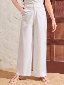 SHEIN Teen Girls' Plain Weave Twill Brushed Casual Pants With Pockets And Button Fly - White - View 5