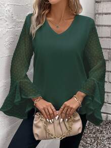 SHEIN Clasi Chấm Swiss Vá lại Tay áo loe Bao bên Áo sơ mi - màu xanh lá - Xem 3