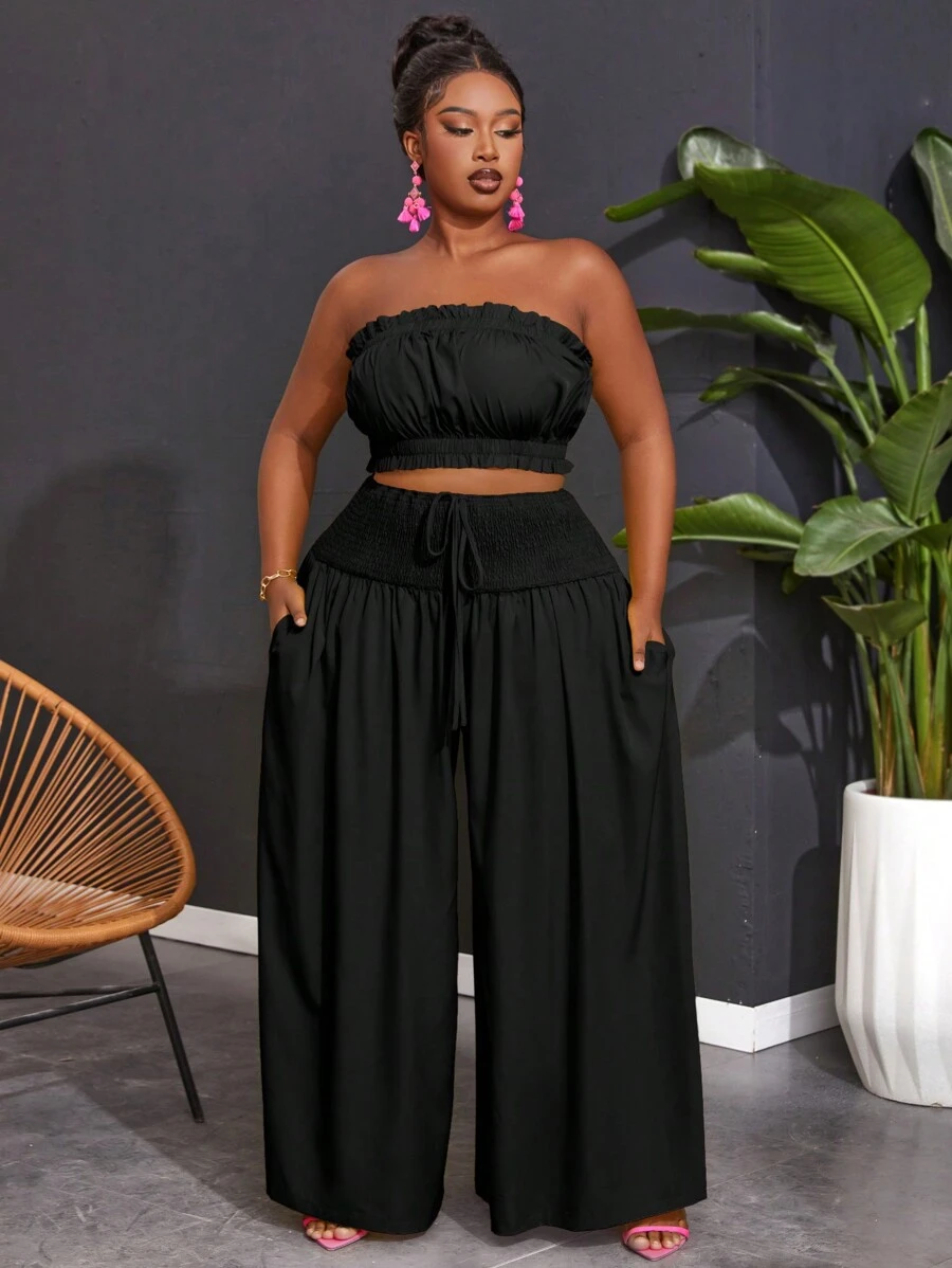 Slaydiva 大码纯色露肩上衣和阔腿裤套装 - 黑色 - 查看 1
