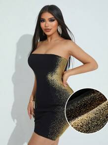 SHEIN SXY Fashionable And Gorgeous Women's Black Bodycon Pit Pattern Side Seam Hot Stamping And Smudged Sexy Resort Nightclub Hotties Charming High-End Elegant Tight Short High-Elastic Low-Cut Tube Top Short Dress - Black - View 3