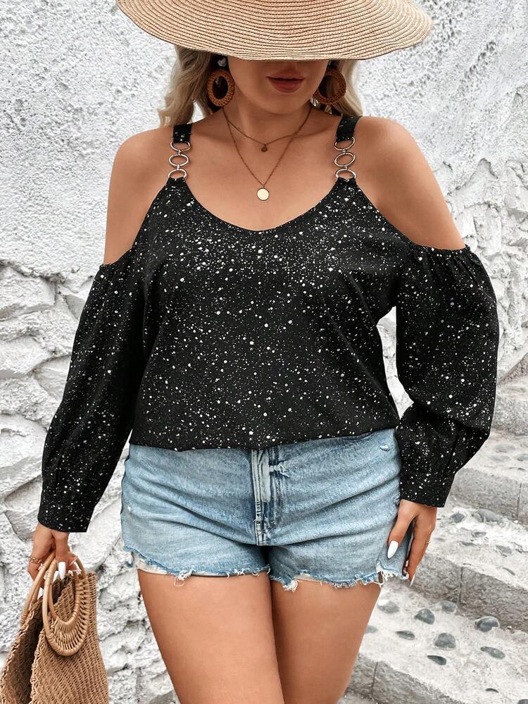 Plus Size Cold Shoulder Polka Dot Printed Blouse Fall Cloth For Women