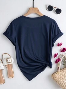 SHEIN Essnce 女士花卉印花圓領短袖t恤 - 藏蓝色 - 查看 2