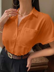 Serisse 純色釦扣口袋拼接開襟襯衫 - 橘色 - 查看 6