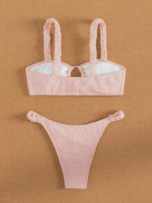 SHEIN Swim Summer Beach Women's Solid Color Textured Bust Ruched Knot Bikini Set - Pink - View 8