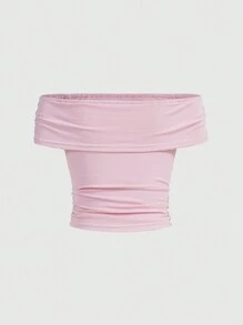 ROMWE Solid Color Off-Shoulder Ruched T-Shirt, School - Pink - View 2