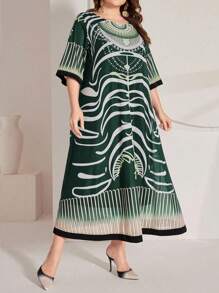 Mulvari Plus Size Graphic Print Arabic Style Dress