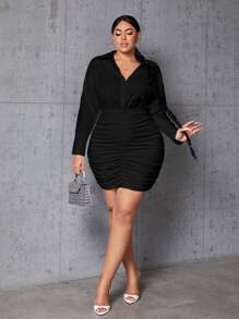 SHEIN SXY Vestido De Manga Larga De Talla Grande Para Mujeres Con Diseño Sólido Y Pliegues Ajustados Al Cuerpo - Negro - Ver 5