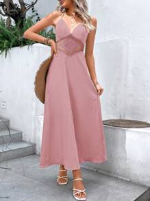 Breezaya Vestido De Mujer Con Tiras De Encaje De Color Sólido Y Tela Splicing
