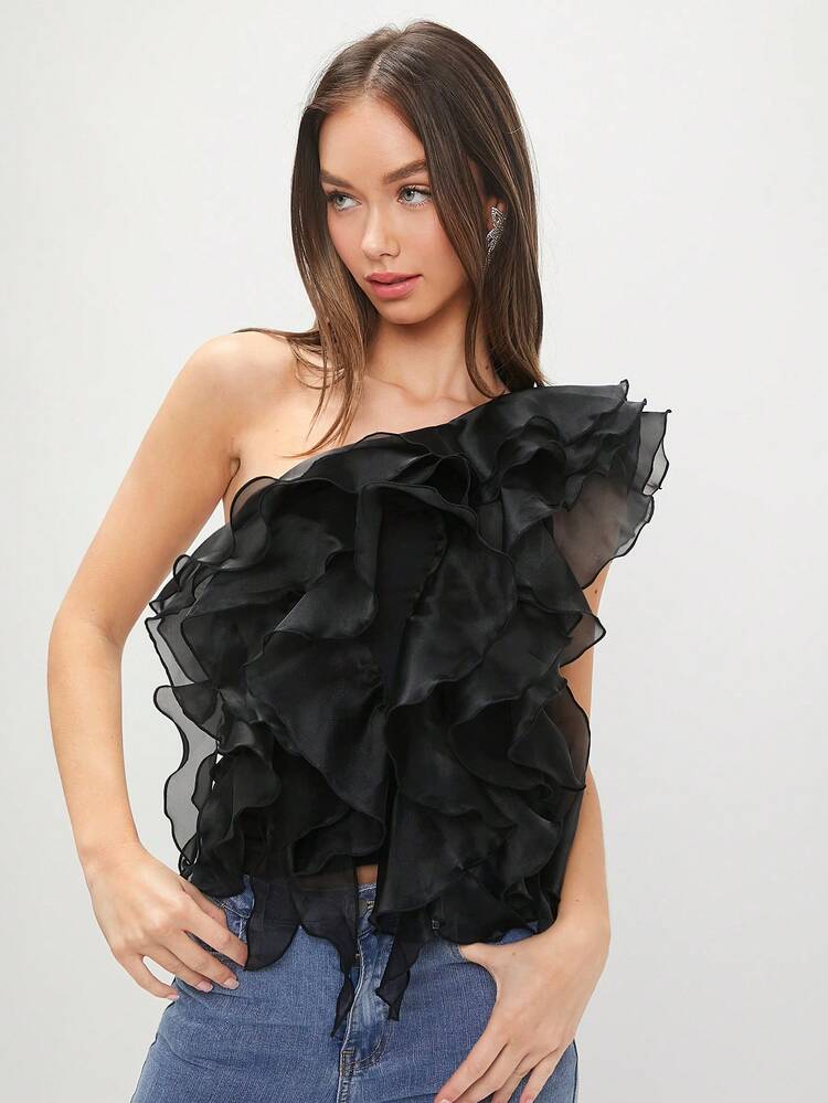 Ladies' Solid Color Asymmetric Ruffle Collar Black Summer Top