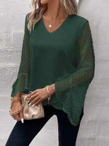 SHEIN Clasi Chấm Swiss Vá lại Tay áo loe Bao bên Áo sơ mi - màu xanh lá - Xem 5