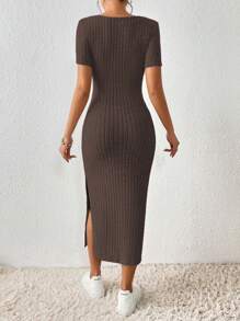 SHEIN Frenchy 女式方领修身高开叉方领纹理面料夏季连衣裙 - 咖啡 - 查看 2