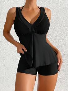 SHEIN Swim 夏季女式纯色比基尼 - 黑色 - 查看 1
