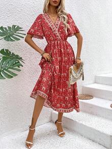 Breezaya Women's Floral Print Ruffle Short Sleeve Dress - Red - View 6
