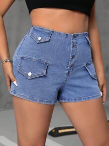 SHEIN ICON Women's Plus Size Button Up Slim Fit Denim Shorts For Summer - Blue - View 5