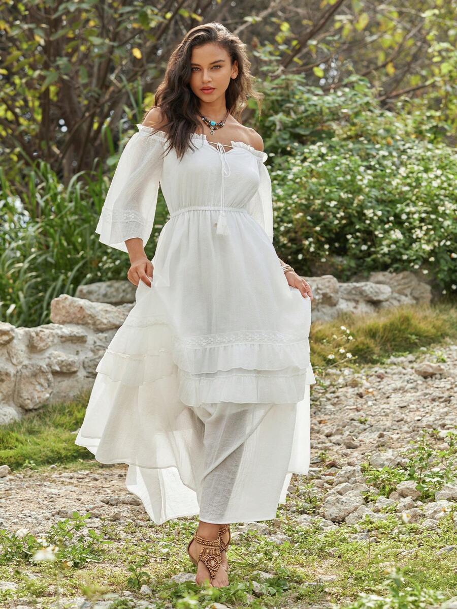 Anewsta Váy trễ vai màu trắng thông thường dành cho nữ - trắng - Xem 1