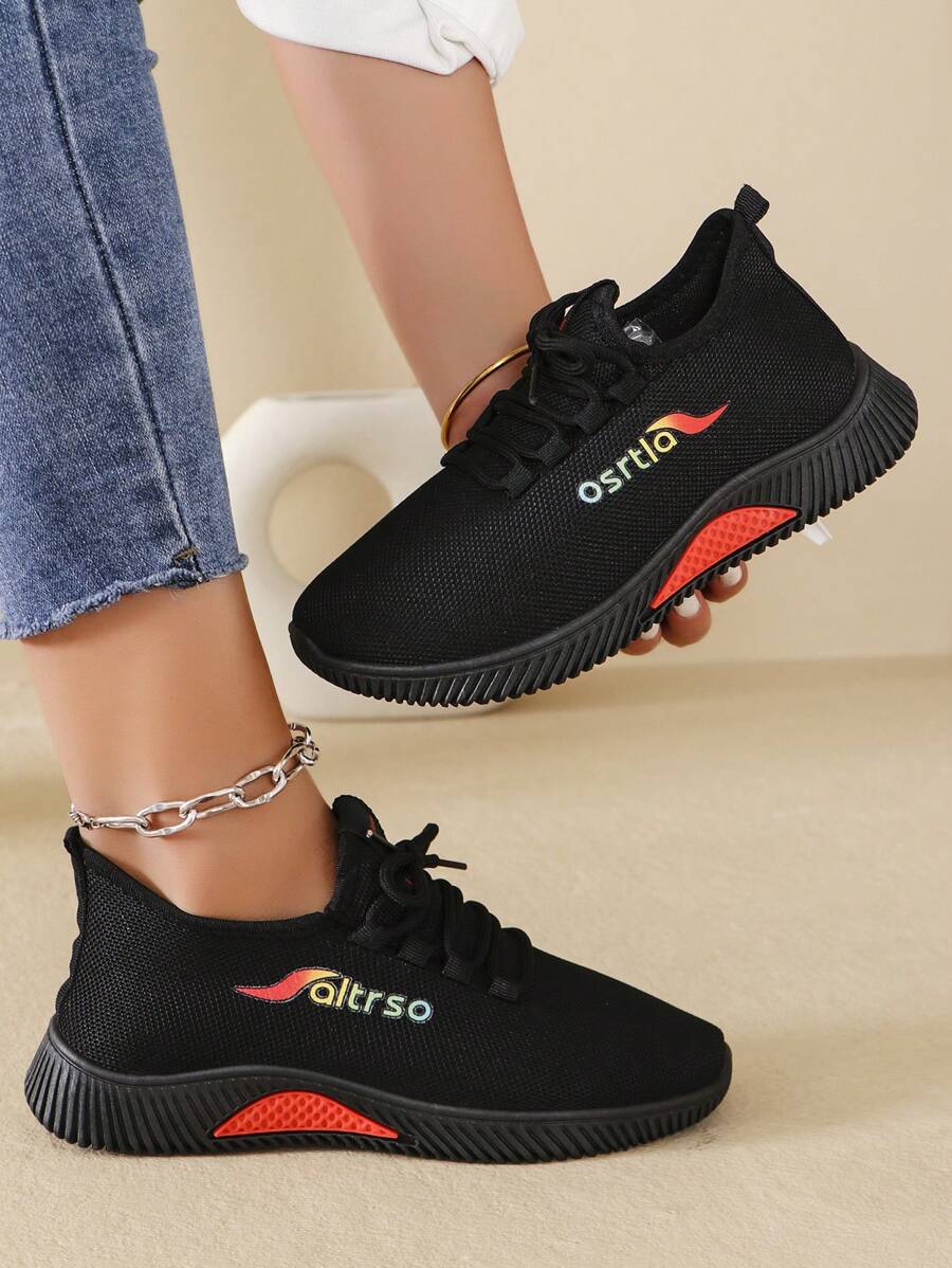 Women's Black And Red Color Running Shoes With Mesh Surface, LaceUp