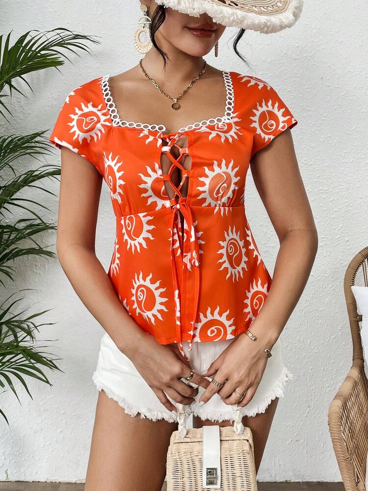 Women's Sunflower Printed Square Neck With Tie Blouse